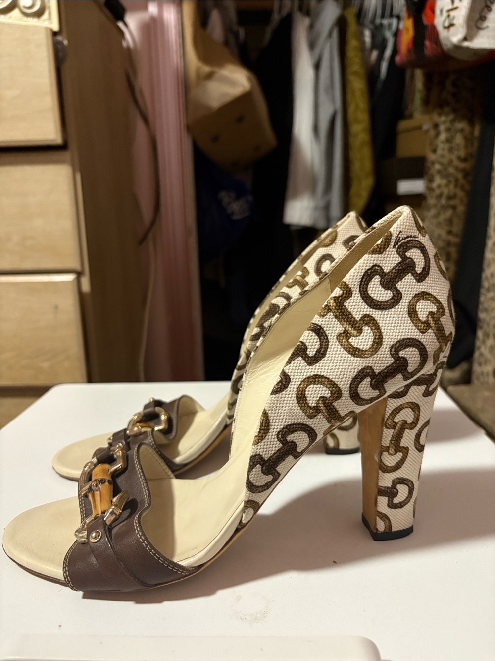 Gucci Beige Canvas and Brown Leather Bamboo-Accent Heels - Picture 10 of 11